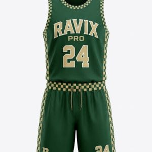 Custom Green Checkerboard Basketball Uniform – front and back view, custom manufactured by Ravix Pro Industry, Sialkot