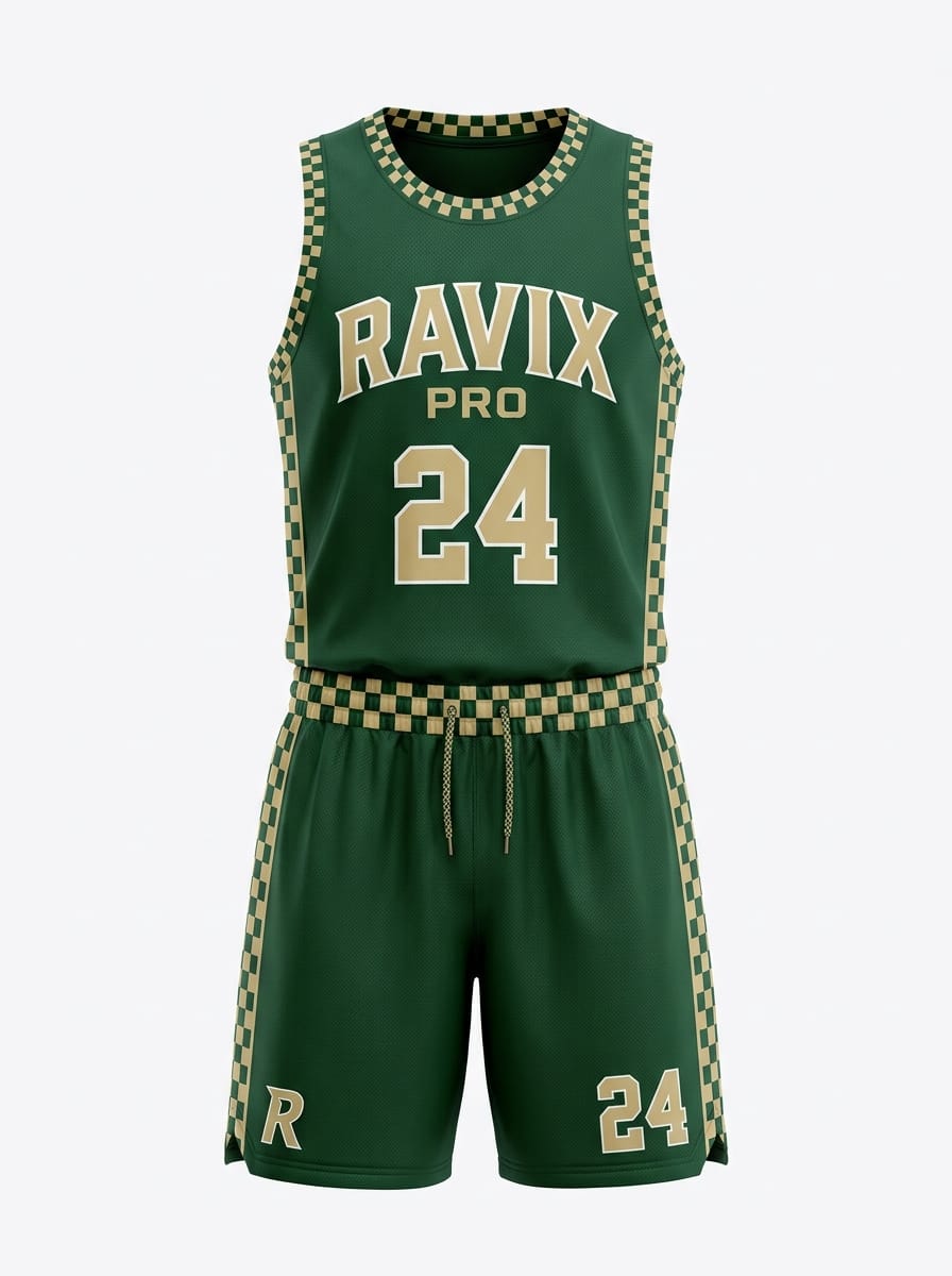 Custom Green Checkerboard Basketball Uniform Custom Green Checkerboard Basketball Uniform – front and back view, custom manufactured by Ravix Pro Industry, Sialkot