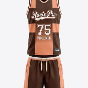 Custom Brown and Peach Basketball Uniform – front and back view, custom manufactured by Ravix Pro Industry, Sialkot