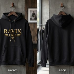 Custom Black Pullover Hoodie with Gold Logo – front and back view, custom manufactured by Ravix Pro Industry, Sialkot
