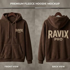Custom Brown Heavyweight Full-Zip Hoodie – front and back view, custom manufactured by Ravix Pro Industry, Sialkot