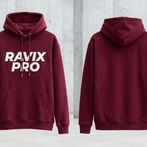Custom Burgundy Hoodie with Bold White Logo – front and back view, custom manufactured by Ravix Pro Industry, Sialkot