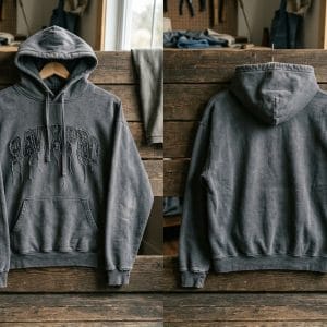 Custom Washed Grey Distressed Hoodie – front and back view, custom manufactured by Ravix Pro Industry, Sialkot