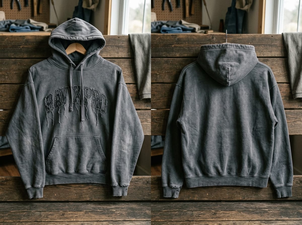 Custom Washed Grey Distressed Hoodie Custom Washed Grey Distressed Hoodie – front and back view, custom manufactured by Ravix Pro Industry, Sialkot