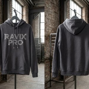 Custom Charcoal Rhinestone Hoodie – front and back view, custom manufactured by Ravix Pro Industry, Sialkot