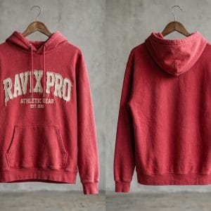 Custom Crimson Distressed Applique Hoodie – front and back view, custom manufactured by Ravix Pro Industry, Sialkot