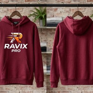 Custom Maroon Athletic Hoodie with Orange Logo – front and back view, custom manufactured by Ravix Pro Industry, Sialkot