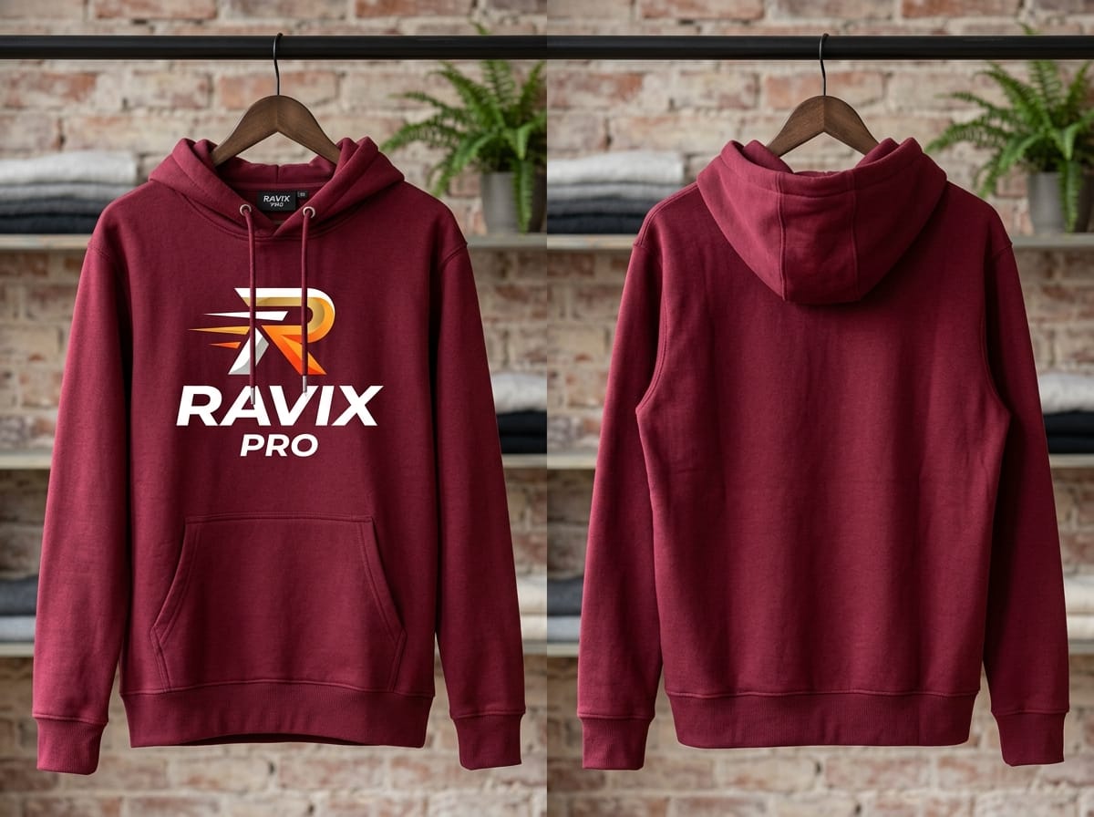 Custom Maroon Athletic Hoodie with Orange Logo Custom Maroon Athletic Hoodie with Orange Logo – front and back view, custom manufactured by Ravix Pro Industry, Sialkot