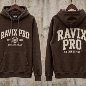 Custom Brown Vintage Applique Hoodie – front and back view, custom manufactured by Ravix Pro Industry, Sialkot