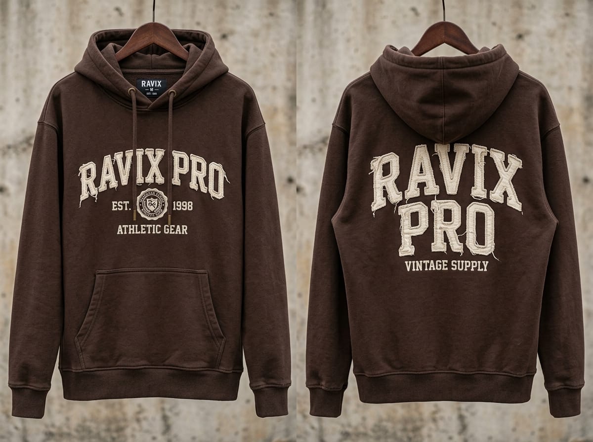 Custom Brown Vintage Applique Hoodie Custom Brown Vintage Applique Hoodie – front and back view, custom manufactured by Ravix Pro Industry, Sialkot