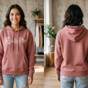 Custom Dusty Rose Rhinestone Hoodie – front and back view, custom manufactured by Ravix Pro Industry, Sialkot