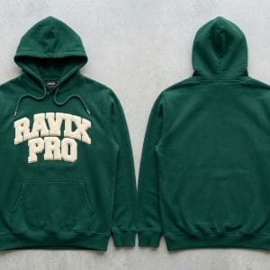 Custom Emerald Green Chenille Hoodie – front and back view, custom manufactured by Ravix Pro Industry, Sialkot