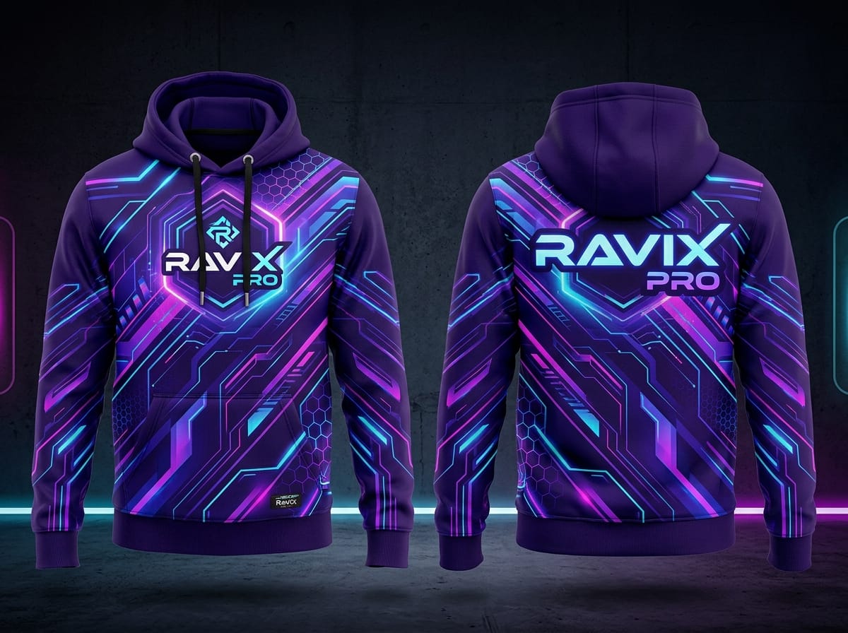 Custom Sublimated Gaming Hoodie Custom Sublimated Gaming Hoodie – front and back view, custom manufactured by Ravix Pro Industry, Sialkot
