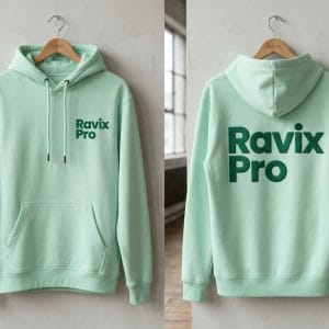 Custom Mint Green 3D Puff Hoodie – front and back view, custom manufactured by Ravix Pro Industry, Sialkot