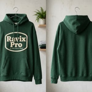 Custom Forest Green Chenille Patch Hoodie – front and back view, custom manufactured by Ravix Pro Industry, Sialkot
