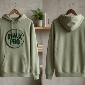 Custom Sage Green Circle Patch Hoodie – front and back view, custom manufactured by Ravix Pro Industry, Sialkot