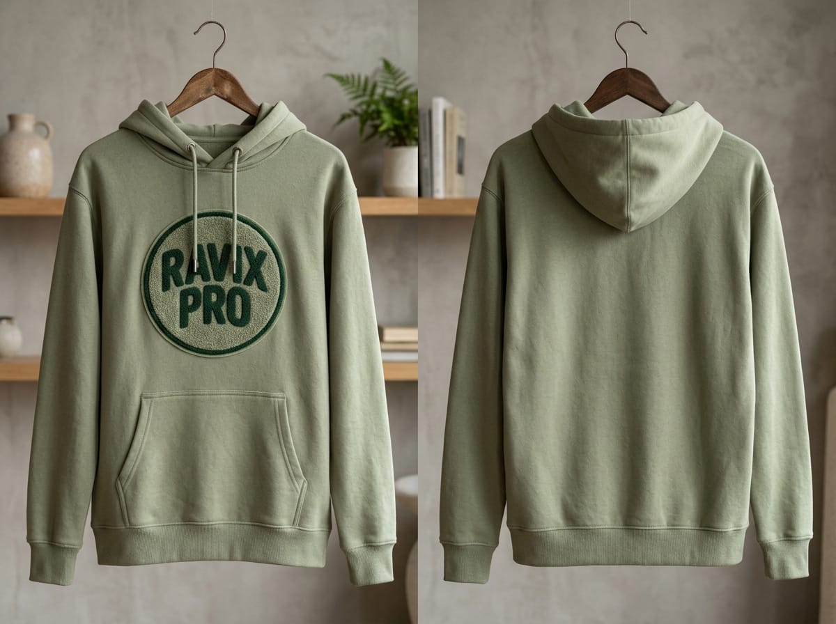 Custom Sage Green Circle Patch Hoodie Custom Sage Green Circle Patch Hoodie – front and back view, custom manufactured by Ravix Pro Industry, Sialkot