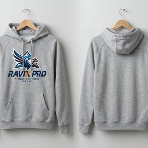 Custom Heather Grey Athletic Hoodie with Eagle Logo – front and back view, custom manufactured by Ravix Pro Industry, Sialkot