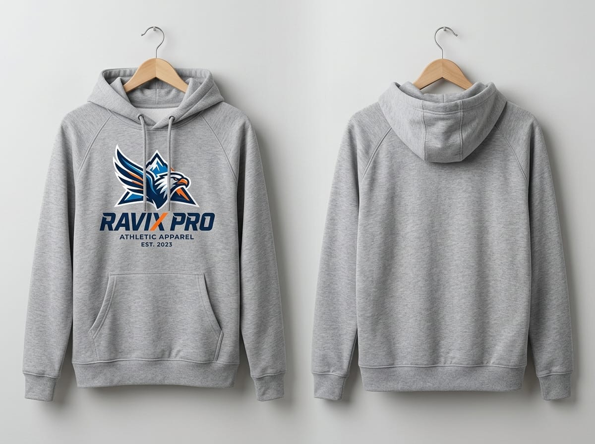 Custom Heather Grey Athletic Hoodie with Eagle Logo Custom Heather Grey Athletic Hoodie with Eagle Logo – front and back view, custom manufactured by Ravix Pro Industry, Sialkot