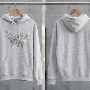 Custom Light Grey Rhinestone Script Hoodie – front and back view, custom manufactured by Ravix Pro Industry, Sialkot