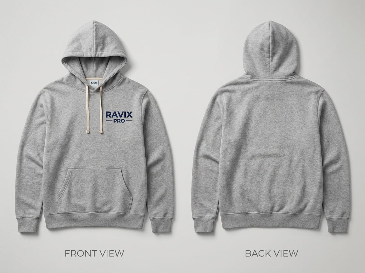 Custom Heather Grey Fleece Hoodie Custom Heather Grey Fleece Hoodie – front and back view, custom manufactured by Ravix Pro Industry, Sialkot