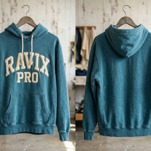 Custom Vintage Teal Chenille Varsity Hoodie – front and back view, custom manufactured by Ravix Pro Industry, Sialkot