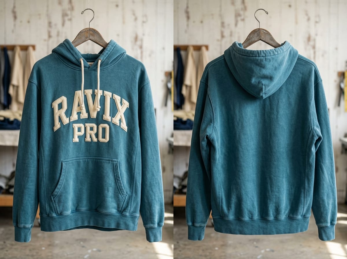 Custom Vintage Teal Chenille Varsity Hoodie Custom Vintage Teal Chenille Varsity Hoodie – front and back view, custom manufactured by Ravix Pro Industry, Sialkot