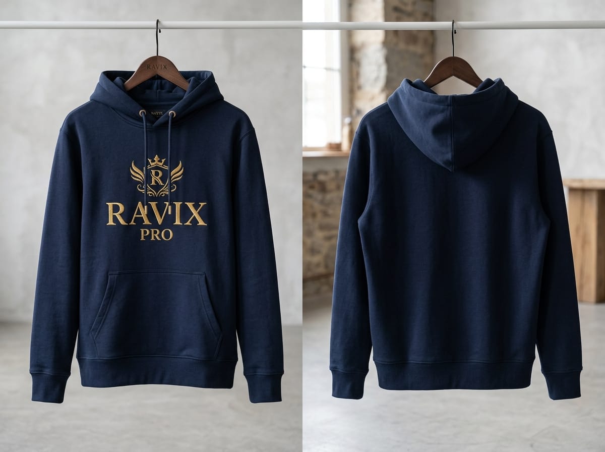 Custom Navy Hoodie with Gold Embroidery Custom Navy Hoodie with Gold Embroidery – front and back view, custom manufactured by Ravix Pro Industry, Sialkot