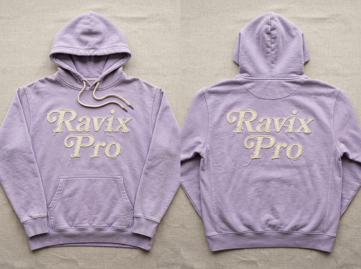 Custom Lavender Vintage Wash Hoodie with Puff Print Custom Lavender Vintage Wash Hoodie with Puff Print – front and back view, custom manufactured by Ravix Pro Industry, Sialkot