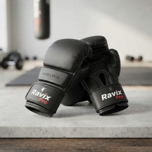 Custom Black Leather Boxing Gloves – front and back view, custom manufactured by Ravix Pro Industry, Sialkot
