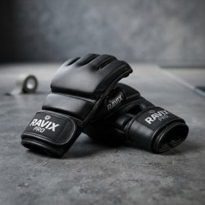 Custom Black Leather MMA Sparring Gloves – front and back view, custom manufactured by Ravix Pro Industry, Sialkot