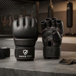 Custom All-Black Pro MMA Grappling Gloves – front and back view, custom manufactured by Ravix Pro Industry, Sialkot