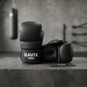 Custom Black Boxing Sparring Gloves – front and back view, custom manufactured by Ravix Pro Industry, Sialkot