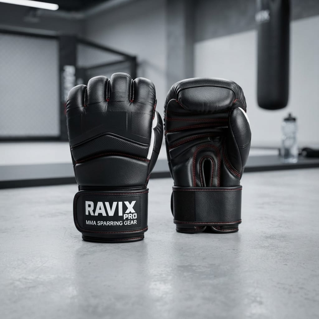 Custom Pro MMA Sparring Gloves with White Logo Custom Pro MMA Sparring Gloves with White Logo – front and back view, custom manufactured by Ravix Pro Industry, Sialkot