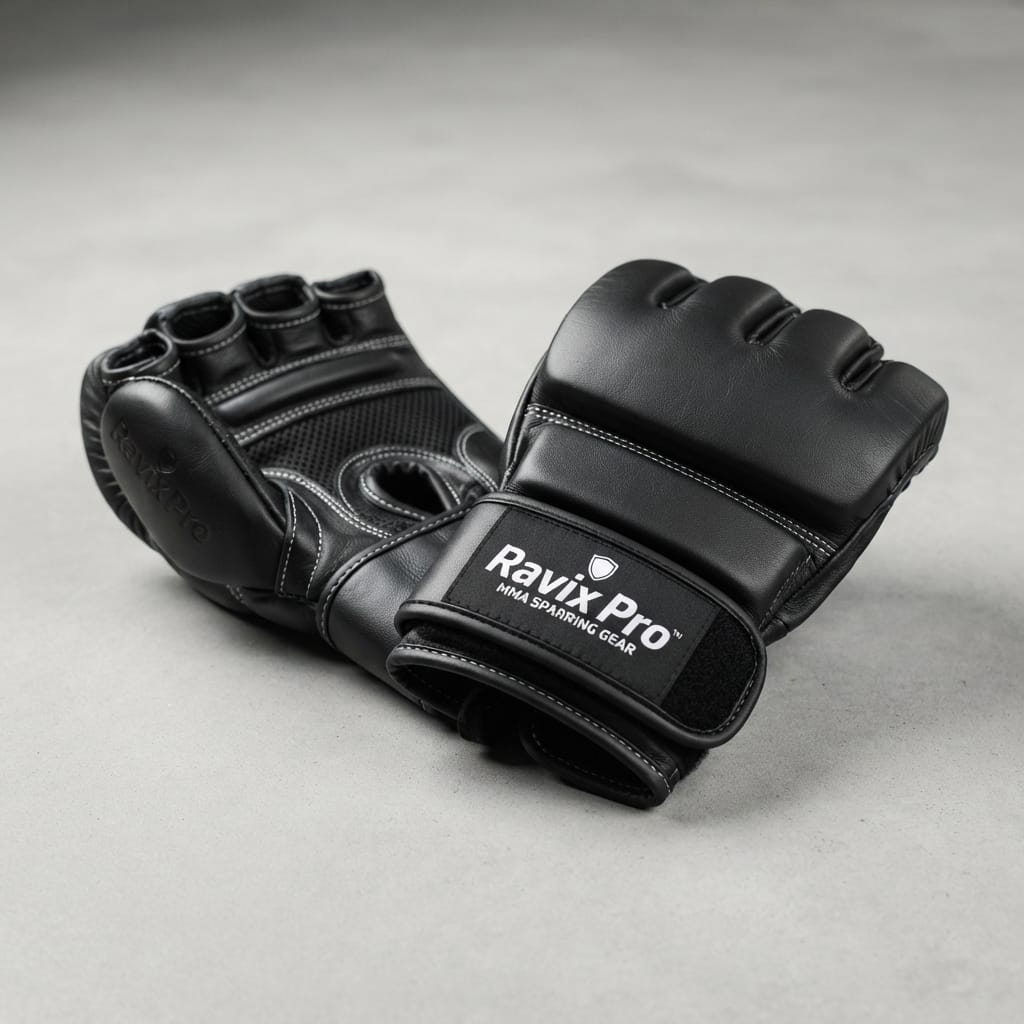 Custom Pro Leather MMA Grappling Gloves Custom Pro Leather MMA Grappling Gloves – front and back view, custom manufactured by Ravix Pro Industry, Sialkot