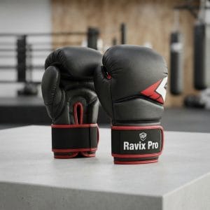 Custom Black and Red Boxing Sparring Gloves – front and back view, custom manufactured by Ravix Pro Industry, Sialkot