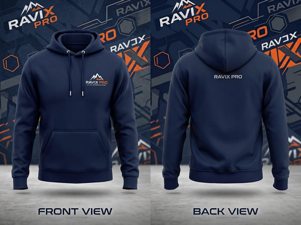 Custom Navy Outdoor Performance Hoodie Custom Navy Outdoor Performance Hoodie – front and back view, custom manufactured by Ravix Pro Industry, Sialkot