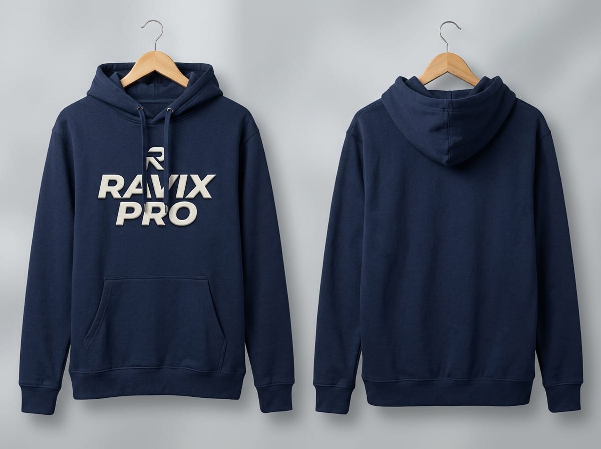 Custom Navy Heavyweight Hoodie with White Logo Custom Navy Heavyweight Hoodie with White Logo – front and back view, custom manufactured by Ravix Pro Industry, Sialkot