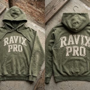 Custom Olive Distressed Applique Hoodie – front and back view, custom manufactured by Ravix Pro Industry, Sialkot