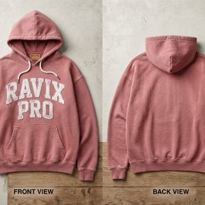 Custom Dusty Rose Oversized Chenille Hoodie – front and back view, custom manufactured by Ravix Pro Industry, Sialkot