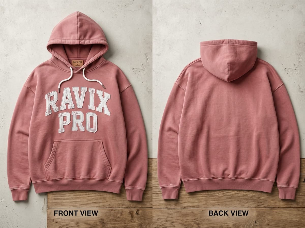 Custom Dusty Rose Oversized Chenille Hoodie Custom Dusty Rose Oversized Chenille Hoodie – front and back view, custom manufactured by Ravix Pro Industry, Sialkot