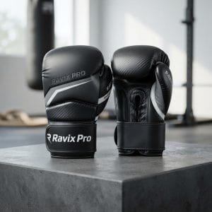 Custom Carbon Fiber Leather Boxing Gloves – front and back view, custom manufactured by Ravix Pro Industry, Sialkot