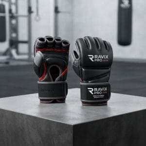 Custom Pro MMA Grappling Gloves with Red Stitching – front and back view, custom manufactured by Ravix Pro Industry, Sialkot