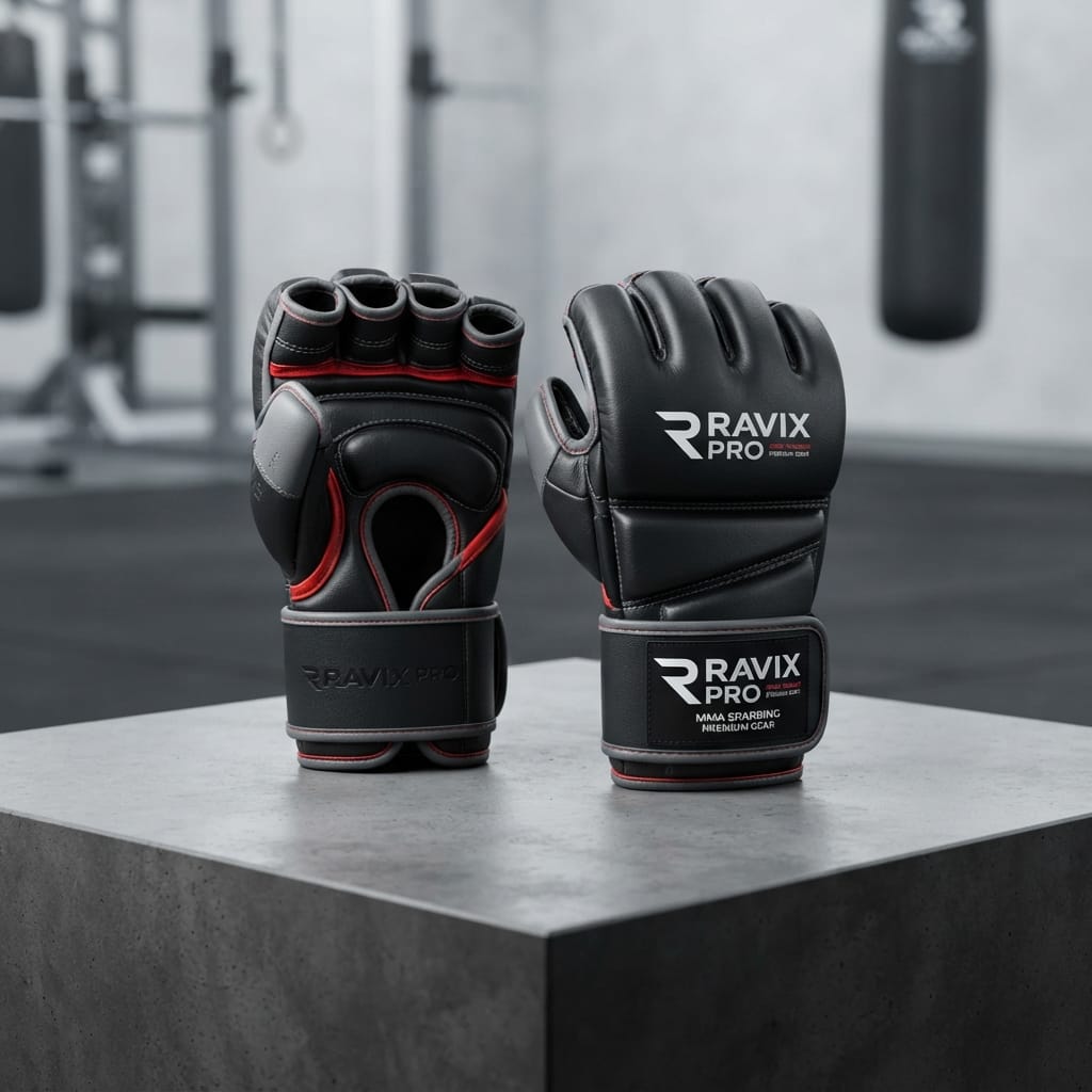 Custom Pro MMA Grappling Gloves with Red Stitching Custom Pro MMA Grappling Gloves with Red Stitching – front and back view, custom manufactured by Ravix Pro Industry, Sialkot
