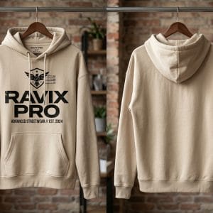 Custom Sand Beige Oversized Graphic Hoodie – front and back view, custom manufactured by Ravix Pro Industry, Sialkot