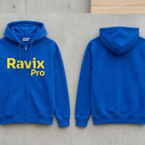 Custom Royal Blue Hoodie with Yellow Logo – front and back view, custom manufactured by Ravix Pro Industry, Sialkot