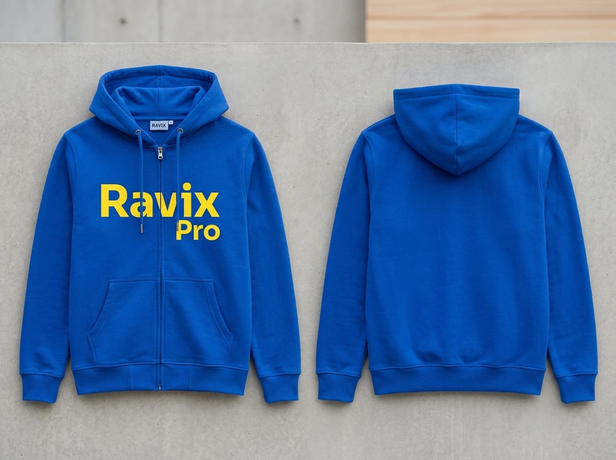 Custom Royal Blue Hoodie with Yellow Logo Custom Royal Blue Hoodie with Yellow Logo – front and back view, custom manufactured by Ravix Pro Industry, Sialkot