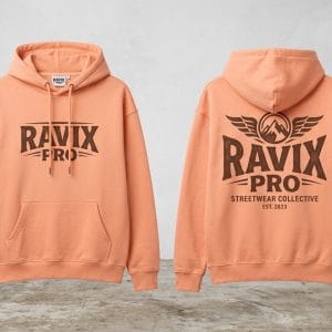 Custom Peach Vintage Oversized Hoodie – front and back view, custom manufactured by Ravix Pro Industry, Sialkot