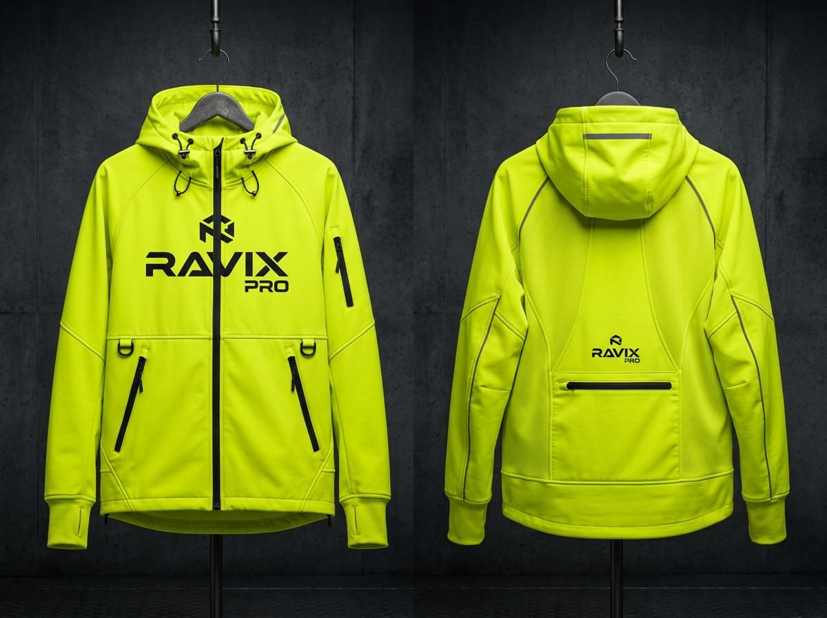 Custom Neon Volt Techwear Softshell Jacket Custom Neon Volt Techwear Softshell Jacket – front and back view, custom manufactured by Ravix Pro Industry, Sialkot