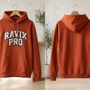 Custom Rust Hoodie with Chenille Patch Lettering – front and back view, custom manufactured by Ravix Pro Industry, Sialkot
